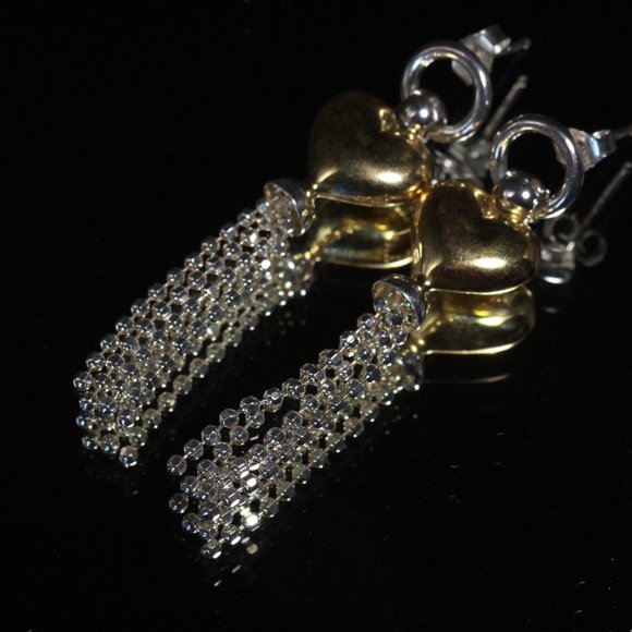 STERLING SILVER DIDAE ISRAEL VERMEIL HEART TASSEL EARRINGS - Picture 4 of 7